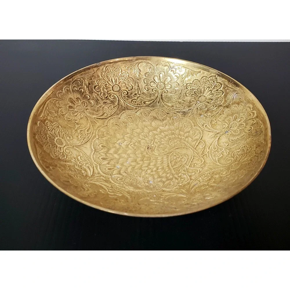 Vintage brass bowl, small, etched floral peacock design, 5.75